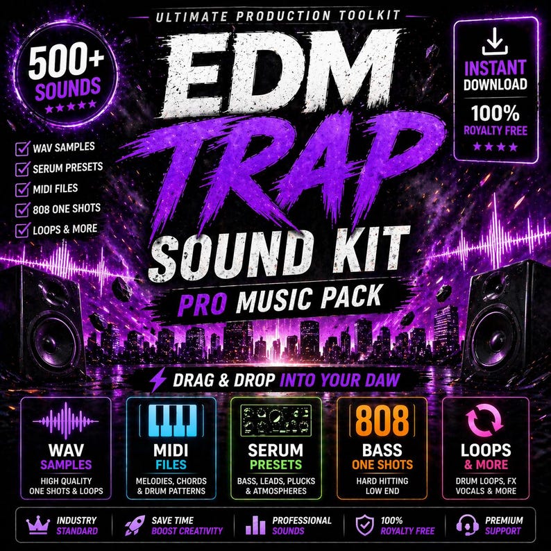 May include: A promotional image for an EDM Trap Sound Kit. The graphic features the text "EDM Trap Sound Kit Pro Music Pack" in purple and white, with icons for WAV samples, MIDI files, Serum presets, 808 bass, and loops. The image also includes the text "Drag & Drop Into Your DAW."