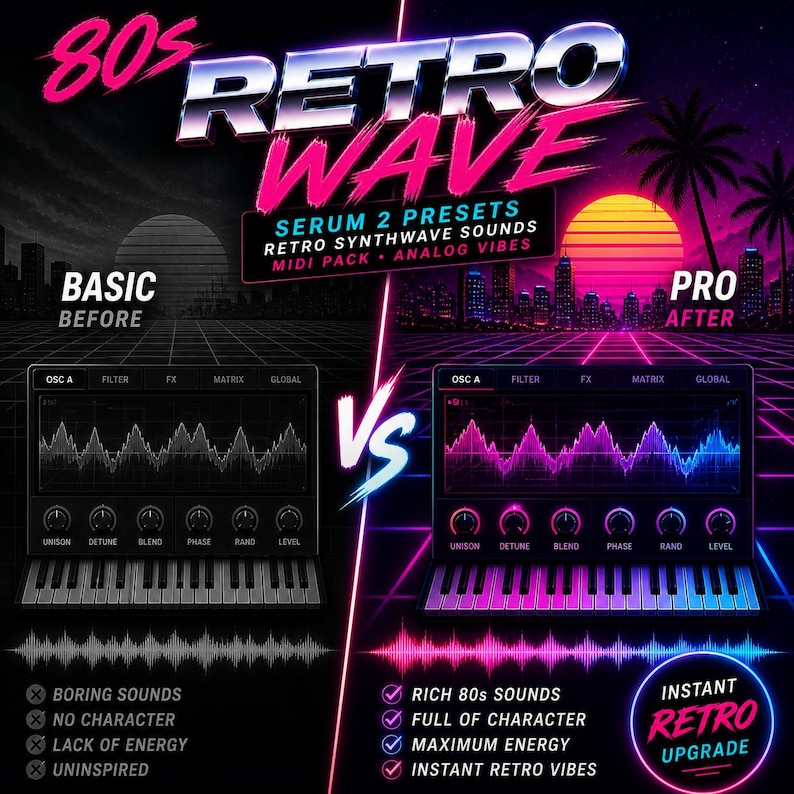 Op de afbeelding: Een promotionele afbeelding voor "Retro Wave" Serum 2 presets. Het ontwerp toont een gesplitst scherm dat "Basic" en "Pro" geluidsinstellingen vergelijkt, met een synthwave-esthetiek. De afbeelding bevat tekst, een stadsgezicht en een levendig kleurenschema van roze, paars en blauw.
