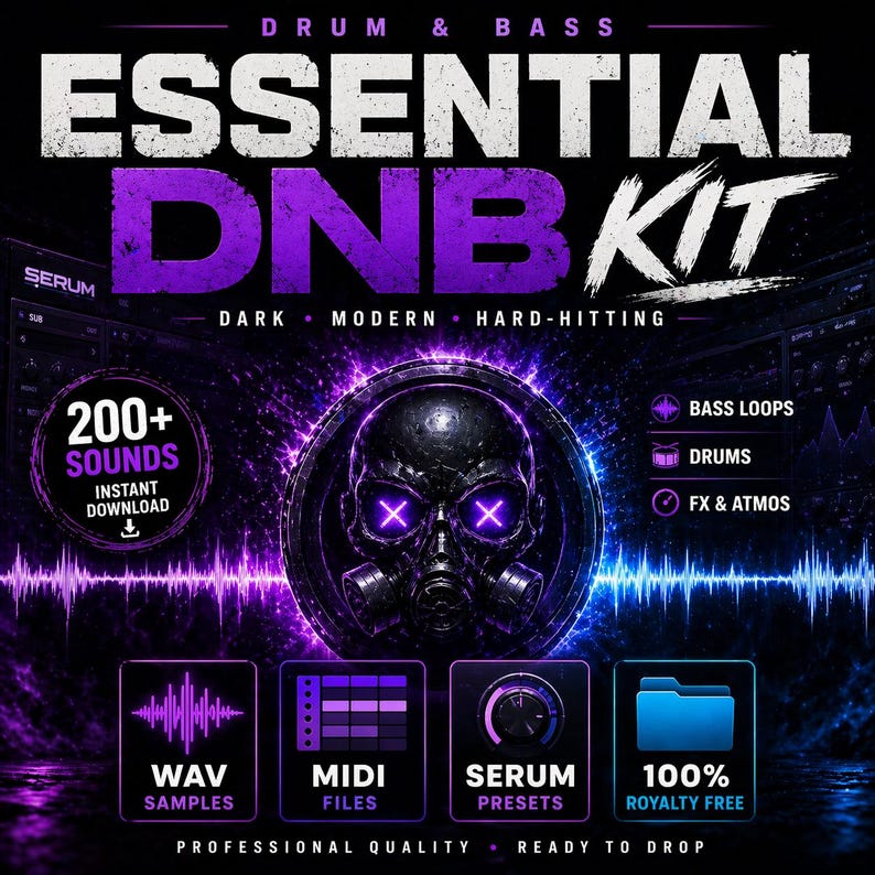 May include: A digital music kit advertisement with a dark purple and black color scheme. The text reads "ESSENTIAL DNB KIT" and includes the words "DARK", "MODERN", and "HARD-HITTING". The image features a skull with glowing purple eyes and a gas mask.