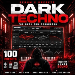 Op de afbeelding: Promotieafbeelding voor "Dark Techno" Serum 2 presets. De afbeelding heeft een donker, rood en zwart kleurenschema met de tekst "DARK TECHNO" prominent weergegeven. De afbeelding bevat ook een persoon in een hoodie en een digitale audio workstation interface.