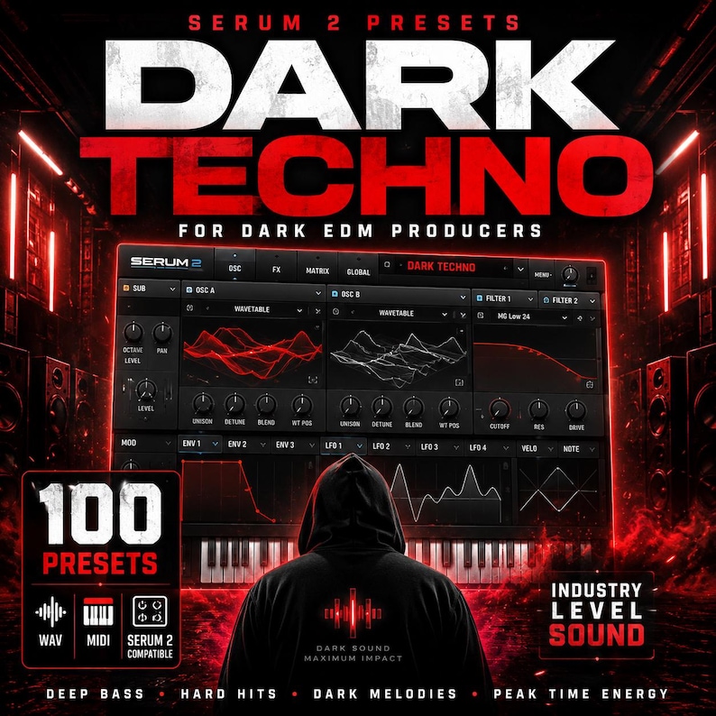 May include: A promotional image for "Dark Techno" Serum 2 presets. The image features a dark, red and black color scheme with the text "DARK TECHNO" prominently displayed. The image also includes a person in a hoodie and a digital audio workstation interface.