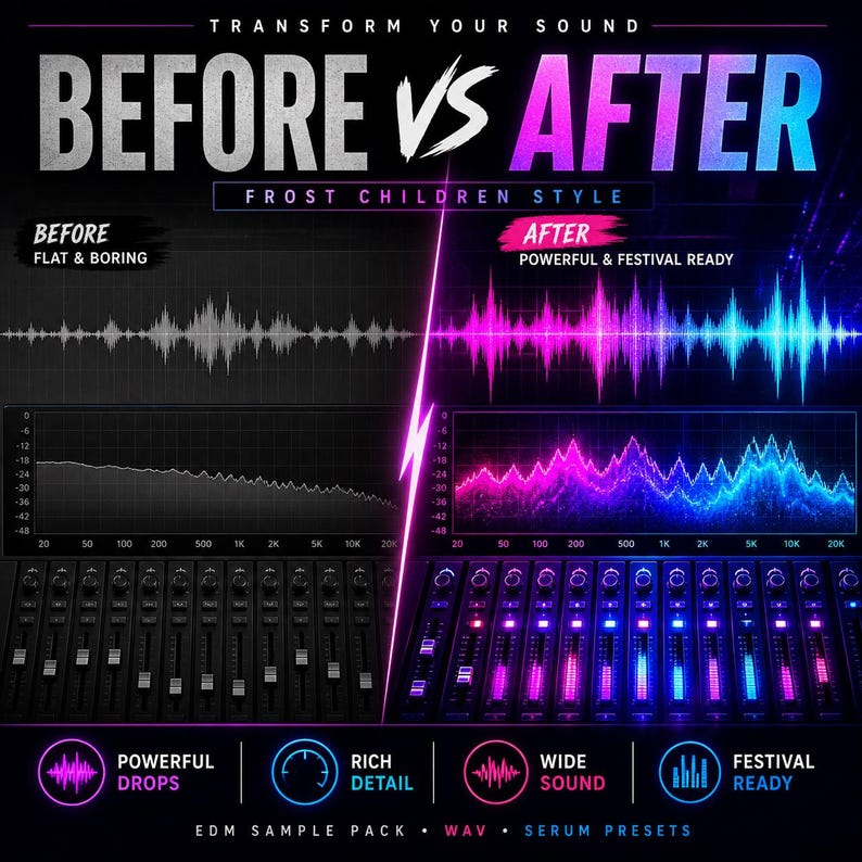 May include: A promotional graphic comparing "Before" and "After" audio sound waves. The "Before" side shows flat waveforms, while the "After" side displays vibrant, colorful waveforms. The image promotes an EDM sample pack.