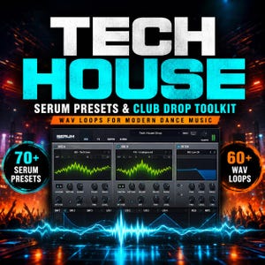 Puede incluir: Imagen promocional para un kit de herramientas de música Tech House. La imagen presenta el texto "TECH HOUSE" en letras grandes blancas y turquesas. También anuncia "SERUM PRESETS & CLUB DROP TOOLKIT" y "WAV LOOPS FOR MODERN DANCE MUSIC". La imagen incluye una interfaz de estación de trabajo de audio digital.