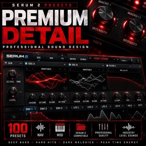 May include: A digital audio workstation (DAW) interface with a dark theme, featuring the text "SERUM 2" and "PREMIUM DETAIL." The interface includes various controls, waveforms, and the text "100 PRESETS." The image also shows macro controls.