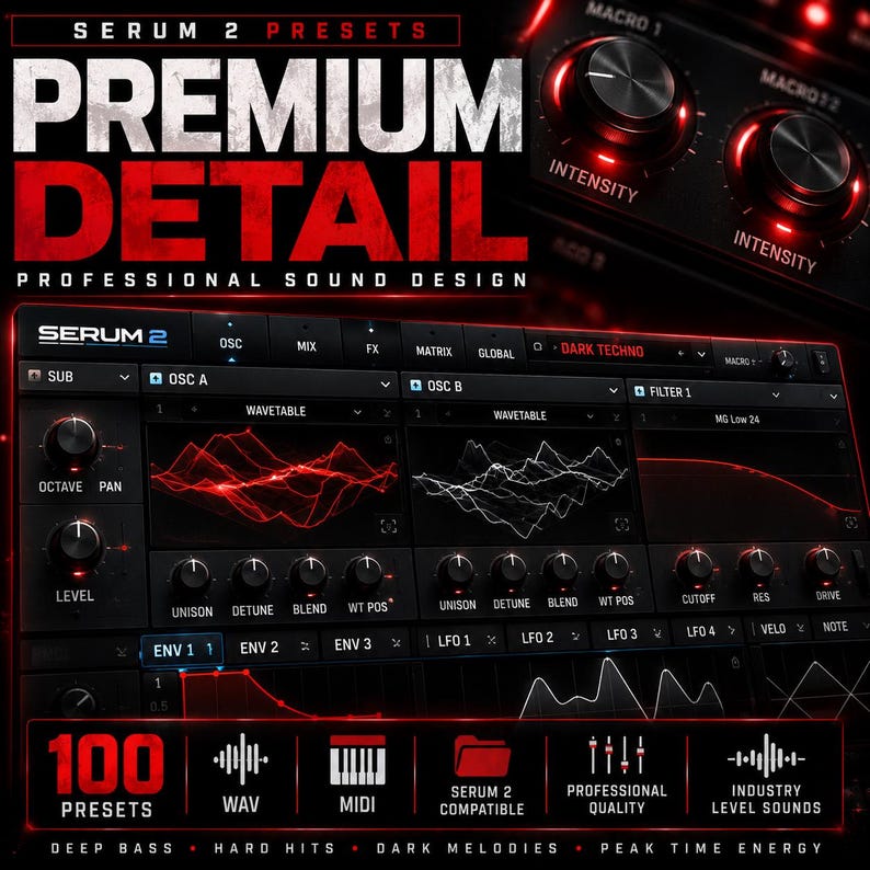 May include: A digital audio workstation (DAW) interface with a dark theme, featuring the text "SERUM 2" and "PREMIUM DETAIL." The interface includes various controls, waveforms, and the text "100 PRESETS." The image also shows macro controls.