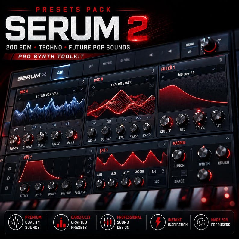 K&ouml;nnte beinhalten: Digitales Audio-Workstation-Interface mit dem Text "SERUM 2" und "200 EDM &bull; TECHNO &bull; FUTURE POP SOUNDS". Das Interface verf&uuml;gt &uuml;ber mehrere Bedienfelder mit Kn&ouml;pfen, Schiebereglern und Wellenformanzeigen. Das Farbschema ist haupts&auml;chlich Schwarz und Rot.