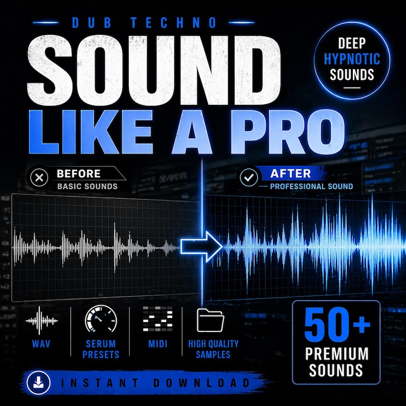 May include: A promotional graphic with the text "SOUND LIKE A PRO" in large white letters. The image contrasts "basic sounds" with "professional sound" waveforms. Additional text includes "50+ Premium Sounds," "Instant Download," and icons for WAV, Serum Presets, MIDI, and High Quality Samples.