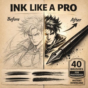 May include: An illustration promoting digital art tools. The image shows a before-and-after comparison of a manga-style portrait, with the text "INK LIKE A PRO." A pen and ink strokes are also featured, along with a badge that says "40 BRUSHES FOR PHOTOSHOP."