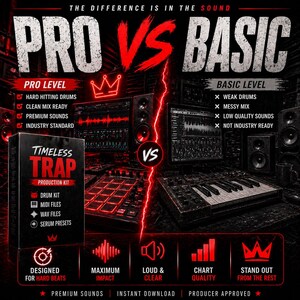 Puede incluir: Un gr&aacute;fico promocional que compara los niveles de producci&oacute;n musical "Pro" y "Basic". El lado "Pro" presenta una caja de "Timeless Trap Production Kit", con texto que destaca caracter&iacute;sticas como "Hard Hitting Drums" y "Premium Sounds". El lado "Basic" enumera inconvenientes.