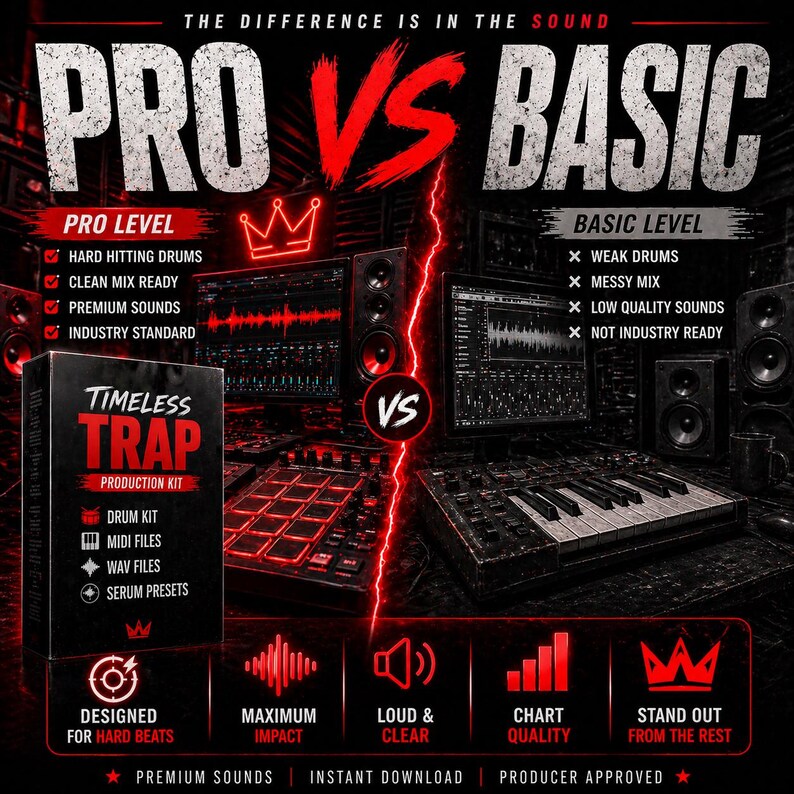 Puede incluir: Un gr&aacute;fico promocional que compara los niveles de producci&oacute;n musical "Pro" y "Basic". El lado "Pro" presenta una caja de "Timeless Trap Production Kit", con texto que destaca caracter&iacute;sticas como "Hard Hitting Drums" y "Premium Sounds". El lado "Basic" enumera inconvenientes.