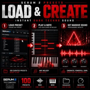 May include: Promotional graphic for Serum 2 Presets, featuring a dark red and black color scheme. The text reads "Load & Create Instant Dark Techno Sound." The image showcases a music production interface with a keyboard and sound wave visualizations. Includes the text "100 Curated Presets Ready to Use."