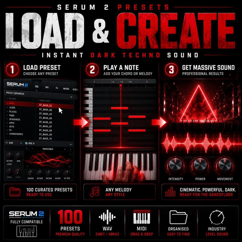 May include: Promotional graphic for Serum 2 Presets, featuring a dark red and black color scheme. The text reads "Load & Create Instant Dark Techno Sound." The image showcases a music production interface with a keyboard and sound wave visualizations. Includes the text "100 Curated Presets Ready to Use."