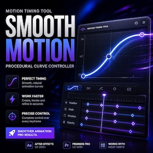 Puede incluir: Una interfaz digital para el controlador de curvas procedimental Motion Timing Tool Smooth Motion. La pantalla muestra un gráfico con una curva azul brillante, controles deslizantes de fotogramas clave para posición, escala, rotación y opacidad, y etiquetas de texto que incluyen After Effects CC 2019+ y Premiere Pro CC 2019+.