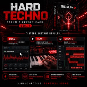 May include: A promotional graphic for a "Hard Techno Serum 2 Preset Pack Vol. 1." The design features red and black elements, including a product box, a keyboard, and sound wave visualizations. Text includes "3 Steps. Instant Results."
