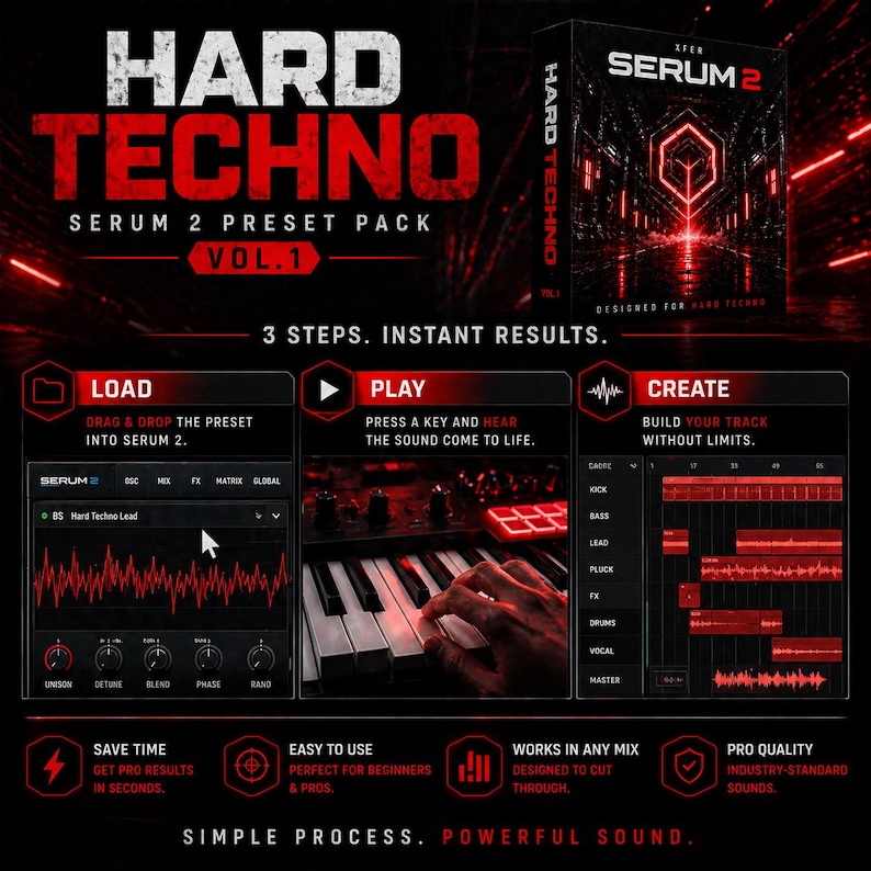 May include: A promotional graphic for a "Hard Techno Serum 2 Preset Pack Vol. 1." The design features red and black elements, including a product box, a keyboard, and sound wave visualizations. Text includes "3 Steps. Instant Results."