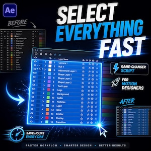 Könnte beinhalten: Eine Werbegrafik für Motion Designer mit dem Text „SELECT EVERYTHING FAST“ in Weiß und Blau. Das Bild zeigt eine Softwareoberfläche mit Layer-Optionen, einem Blitzsymbol und dem Text „GAME-CHANGER SCRIPT“.