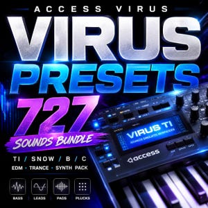 Puede incluir: Imagen promocional de un paquete de sonidos. La imagen presenta el texto "VIRUS PRESETS 727 SOUNDS BUNDLE" en blanco y morado. Debajo, un sintetizador con una pantalla azul que dice "VIRUS TI ADVANCED SIMULATED ASYNTHESIZER".