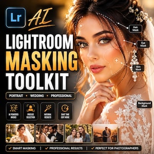 Könnte beinhalten: Eine digitale Grafik für ein Lightroom KI-Maskierungs-Toolkit mit dem Porträt einer Braut und gestrichelten Linien für Haar-, Augen-, Haut- und Hintergrundmasken sowie Textbeschriftungen und verschiedenen Funktionssymbolen.