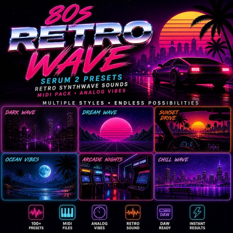 Op de afbeelding: Een digitale kunstafbeelding met een retro wave thema uit de jaren 80. De afbeelding toont een gestileerde stadsgezicht met een auto, een zonsondergang en de tekst "80s Retro Wave". Extra tekst bevat "Serum 2 Presets", "Retro Synthwave Sounds" en "Midi Pack".