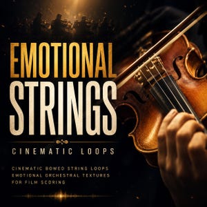 May include: A wooden violin being played with a bow, featuring the text EMOTIONAL STRINGS CINEMATIC LOOPS, CINEMATIC BOWED STRING LOOPS, EMOTIONAL ORCHESTRAL TEXTURES FOR FILM SCORING, set against a dark background with a silhouette of an orchestra.