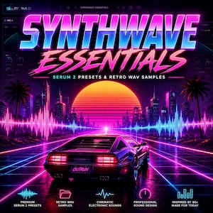 May include: A digital graphic featuring the text SYNTHWAVE ESSENTIALS SERUM 2 PRESETS & RETRO WAV SAMPLES. The scene depicts a sports car on a grid road under a large orange sun, with a city skyline, palm trees, and neon pink and blue light waves.