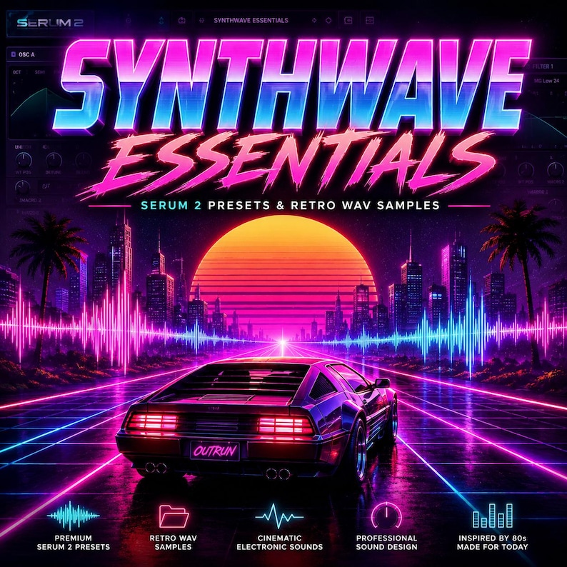 May include: A digital graphic featuring the text SYNTHWAVE ESSENTIALS SERUM 2 PRESETS & RETRO WAV SAMPLES. The scene depicts a sports car on a grid road under a large orange sun, with a city skyline, palm trees, and neon pink and blue light waves.