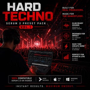 May include: Promotional image for a "HARD TECHNO SERUM 2 PRESET PACK VOL. 1". The image shows a person wearing headphones using a laptop with music software. Text includes "BUILT FOR REAL PRODUCERS" and "INSTANT RESULTS. MAXIMUM ENERGY."
