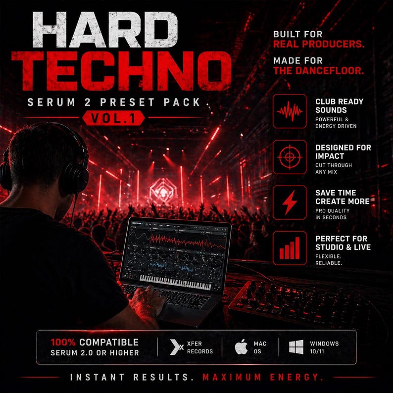 May include: Promotional image for a "HARD TECHNO SERUM 2 PRESET PACK VOL. 1". The image shows a person wearing headphones using a laptop with music software. Text includes "BUILT FOR REAL PRODUCERS" and "INSTANT RESULTS. MAXIMUM ENERGY."