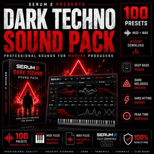 May include: Promotional graphic for a "Dark Techno Sound Pack" featuring a black and red color scheme. The image includes text, a product box, and a digital audio workstation interface. The text highlights 100 presets, MIDI and WAV files, and royalty-free content.