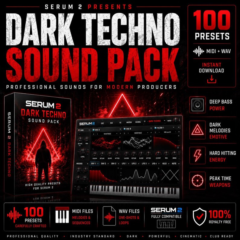 May include: Promotional graphic for a "Dark Techno Sound Pack" featuring a black and red color scheme. The image includes text, a product box, and a digital audio workstation interface. The text highlights 100 presets, MIDI and WAV files, and royalty-free content.