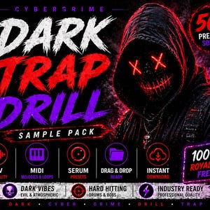 K&ouml;nnte beinhalten: Grafik f&uuml;r ein Sample-Pack namens "DARK TRAP DRILL". Das Design zeigt eine Kapuzenfigur mit leuchtend roten Augen und Mund, der Text ist in Wei&szlig;, Rot und Lila gehalten. Symbole zeigen WAV, MIDI, Serum-Presets und Sofort-Download an.