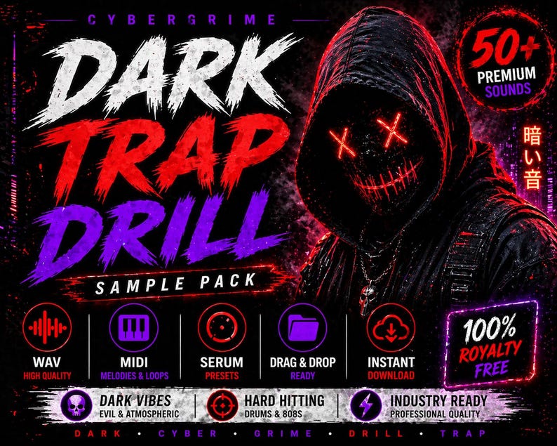 K&ouml;nnte beinhalten: Grafik f&uuml;r ein Sample-Pack namens "DARK TRAP DRILL". Das Design zeigt eine Kapuzenfigur mit leuchtend roten Augen und Mund, der Text ist in Wei&szlig;, Rot und Lila gehalten. Symbole zeigen WAV, MIDI, Serum-Presets und Sofort-Download an.