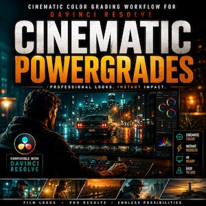 Puede incluir: Imagen promocional para DaVinci Resolve con el texto "CINEMATIC POWERGRADES". La imagen muestra a una persona trabajando en una computadora con un fondo de ciudad. El texto incluye "PROFESSIONAL LOOKS. INSTANT IMPACT." y "COMPATIBLE WITH DAVINCI RESOLVE."