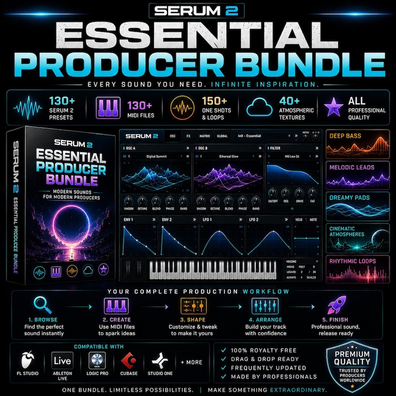 Peut inclure: Graphique promotionnel pour le Serum 2 Essential Producer Bundle. L'image pr&eacute;sente le nom du produit, une interface logicielle et des ic&ocirc;nes repr&eacute;sentant des &eacute;l&eacute;ments sonores. Le texte comprend "130+ Serum 2 Presets", "130+ MIDI Files" et "150+ One Shots & Loops."