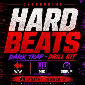 K&ouml;nnte beinhalten: Digitalgrafik mit dem Text "HARD BEATS" in Wei&szlig; und Rot, darunter "DARK TRAP &bull; DRILL KIT". Enth&auml;lt Symbole f&uuml;r WAV, MIDI und Serum-Presets sowie die Worte "INSTANT DOWNLOAD". Der Hintergrund ist schwarz mit lila Akzenten.