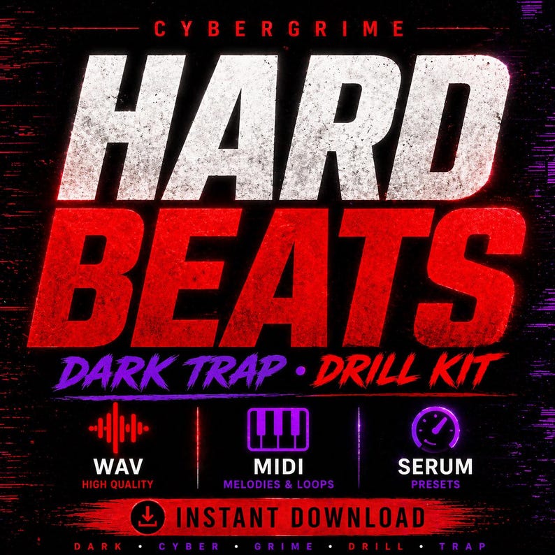 K&ouml;nnte beinhalten: Digitalgrafik mit dem Text "HARD BEATS" in Wei&szlig; und Rot, darunter "DARK TRAP &bull; DRILL KIT". Enth&auml;lt Symbole f&uuml;r WAV, MIDI und Serum-Presets sowie die Worte "INSTANT DOWNLOAD". Der Hintergrund ist schwarz mit lila Akzenten.