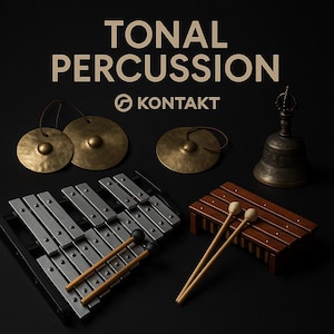 Puede incluir: Una variedad de instrumentos de percusión sobre un fondo negro. La imagen incluye platillos, una campana, un carrillón y un xilófono. El texto "TONAL PERCUSSION" y el logotipo de Kontakt están en la parte superior.