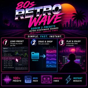 Op de afbeelding: Promotionele afbeelding voor een 80s Retro Wave soundpack. Het ontwerp toont een levendige zonsondergang, palmbomen en de tekst "80s Retro Wave". Het bevat instructies voor het laden van presets, slepen en neerzetten en genieten van instant jaren 80 vibes.