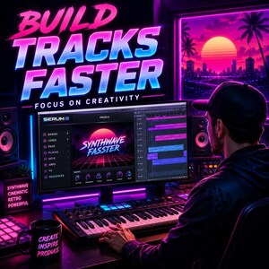 May include: A computer monitor displays the Serum 2 software interface with a synthwave aesthetic. The screen shows the text BUILD TRACKS FASTER and FOCUS ON CREATIVITY. A black MIDI keyboard sits on the desk, and a black mug reads CREATE INSPIRE PRODUCE.