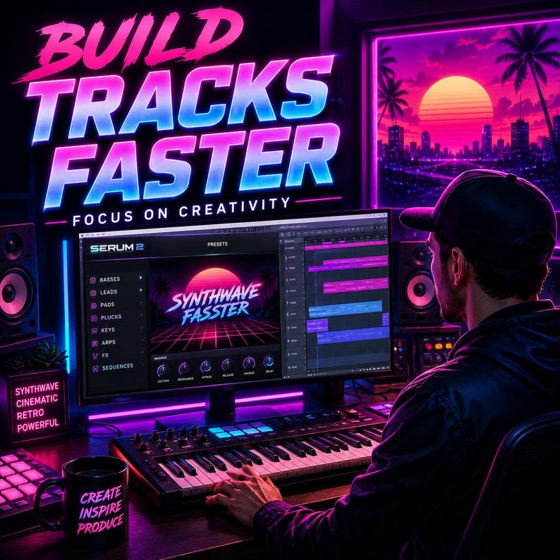 May include: A computer monitor displays the Serum 2 software interface with a synthwave aesthetic. The screen shows the text BUILD TRACKS FASTER and FOCUS ON CREATIVITY. A black MIDI keyboard sits on the desk, and a black mug reads CREATE INSPIRE PRODUCE.