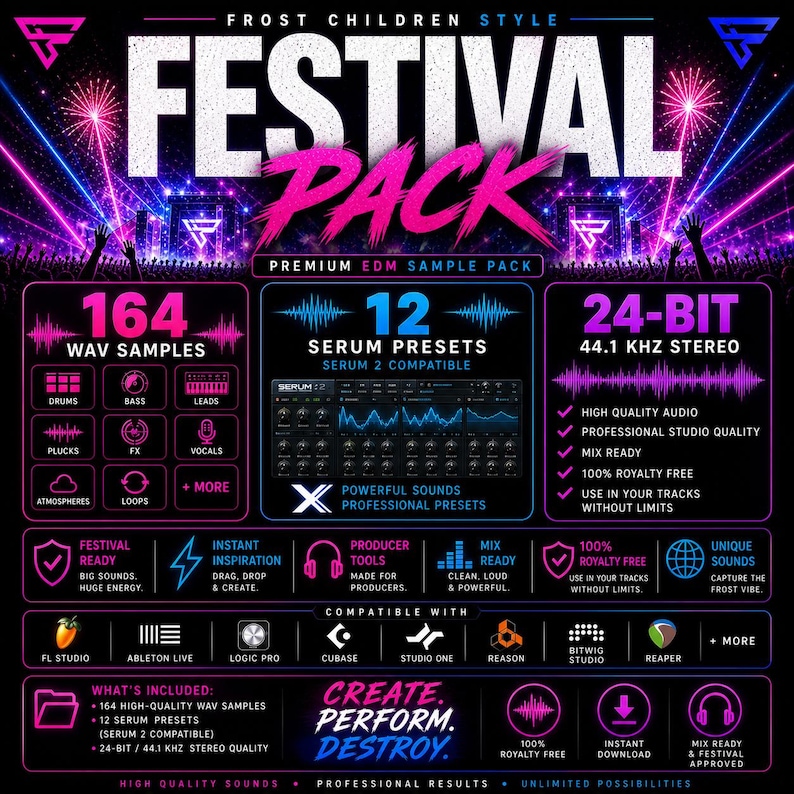 May include: A promotional graphic for a "Festival Pack" of EDM sample sounds. The design features text and icons, including "164 WAV Samples," "12 Serum Presets," and "24-Bit 44.1 kHz Stereo." The graphic is compatible with various music production software.
