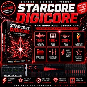 May include: A promotional image for "STARCORE DIGICORE," a Hyperpop drum sound pack. The design features a black and red color scheme with text and graphics highlighting features like Serum presets, MIDI files, and WAV files. The product is designed for music creators.