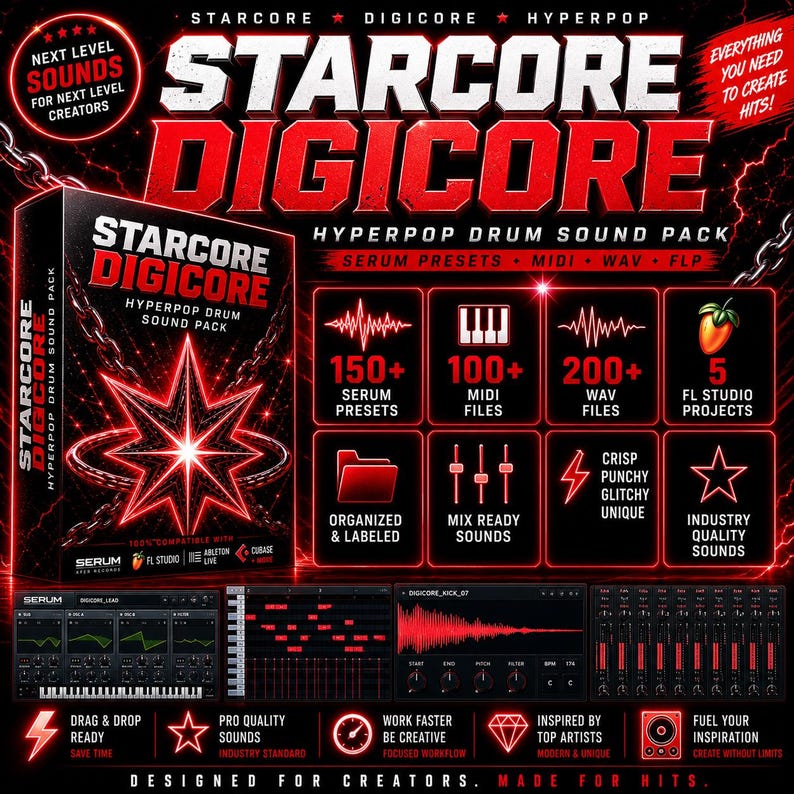 May include: A promotional image for "STARCORE DIGICORE," a Hyperpop drum sound pack. The design features a black and red color scheme with text and graphics highlighting features like Serum presets, MIDI files, and WAV files. The product is designed for music creators.