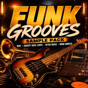 Peut inclure: Image promotionnelle pour un pack d'échantillons musicaux intitulé "Funk Grooves". L'image présente une guitare basse, des cuivres, une boîte à rythmes et des disques vinyles. Le texte comprend "Sample Pack", "WAV", "Groovy Bass Loops", "Retro Brass" et "Drum Samples".