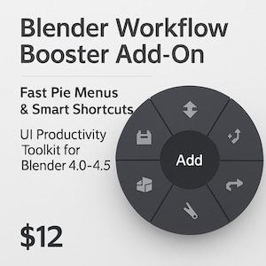 May include: A dark gray circular control panel with the word "Add" in the center. The panel is divided into six sections, each with a different icon. Text at the top reads "Blender Workflow Booster Add-On". Below, it says "Fast Pie Menus & Smart Shortcuts".