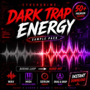 K&ouml;nnte beinhalten: Werbegrafik f&uuml;r ein "Dark Trap Energy" Sample Pack. Das Design zeigt fetten roten und wei&szlig;en Text auf schwarzem Hintergrund, mit einer stilisierten Grafik einer Schallwelle. Enth&auml;lt Symbole f&uuml;r WAV, MIDI, Serum-Presets und Drag & Drop-Funktionalit&auml;t.