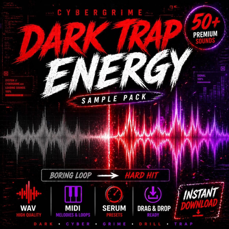 K&ouml;nnte beinhalten: Werbegrafik f&uuml;r ein "Dark Trap Energy" Sample Pack. Das Design zeigt fetten roten und wei&szlig;en Text auf schwarzem Hintergrund, mit einer stilisierten Grafik einer Schallwelle. Enth&auml;lt Symbole f&uuml;r WAV, MIDI, Serum-Presets und Drag & Drop-Funktionalit&auml;t.