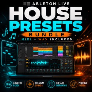 May include: A digital graphic for an Ableton Live House Presets bundle featuring a laptop displaying music production software. The text reads Ableton Live House Presets Bundle MIDI + WAV Included. Floating icons show MIDI notes and a WAV audio waveform.