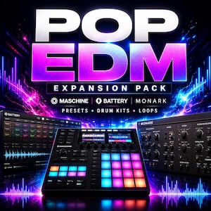 May include: A promotional image for a "POP EDM EXPANSION PACK" featuring digital audio workstation (DAW) software. The image showcases Maschine, Battery, and Monark interfaces, with the text "PRESETS • DRUM KITS • LOOPS" below. The color scheme is vibrant, with purple, blue, and pink hues.