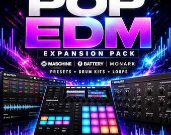 May include: An advertisement for a "POP EDM EXPANSION PACK" for digital audio workstation (DAW) software. The image displays Maschine, Battery, and Monark interfaces, with the text "PRESETS • DRUM KITS • LOOPS" below. The design uses a bright colour scheme, with purple, blue, and pink tones.